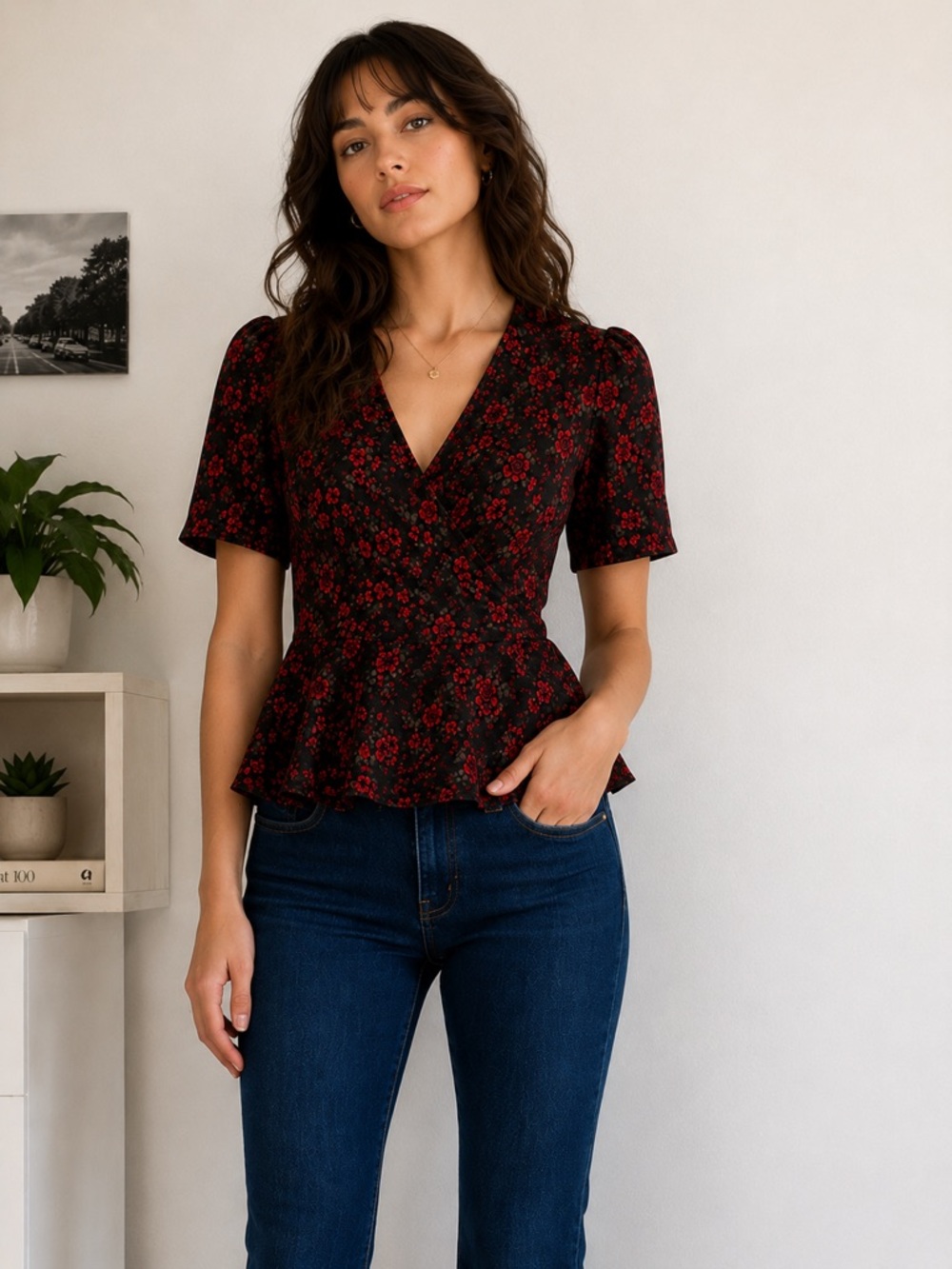 Meadow Rue by Anthropologie Black and Red Floral Wrap Peplum Blouse